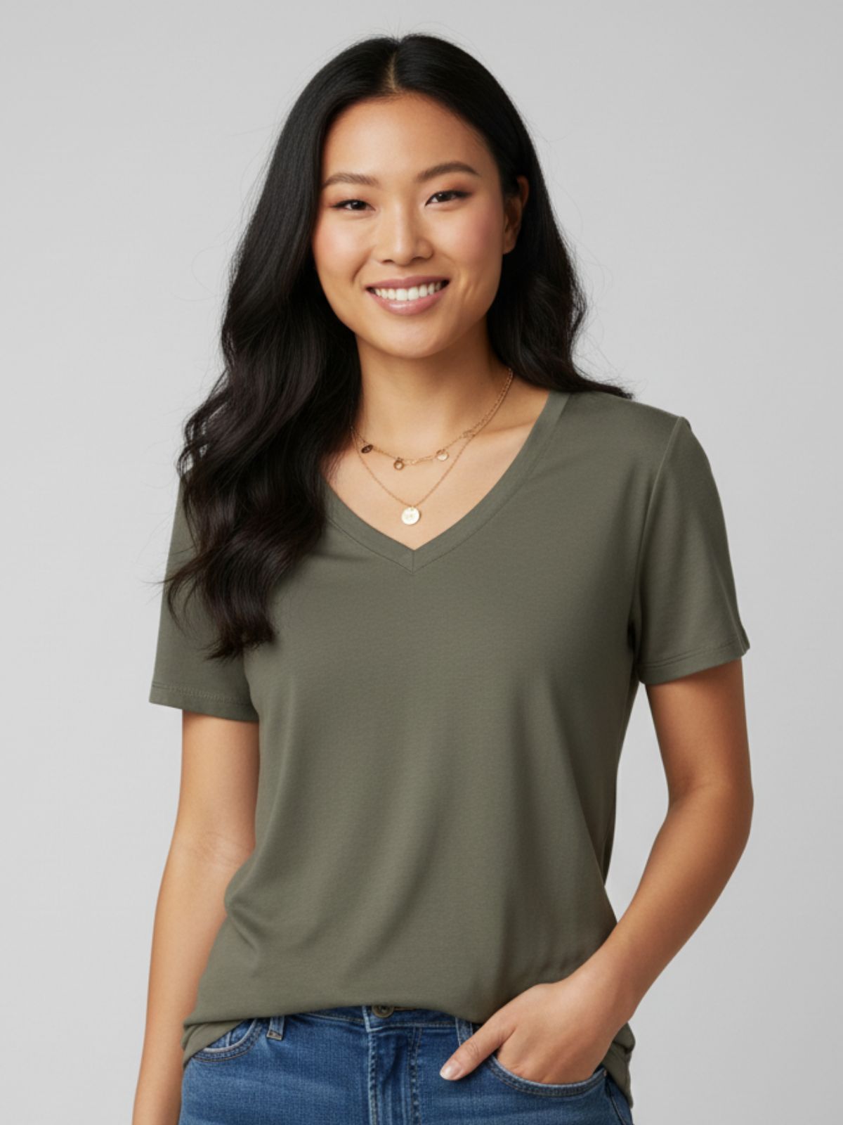 Green V-Neck Summer T-Shirt UPF 50+ Casual Loose Fit
