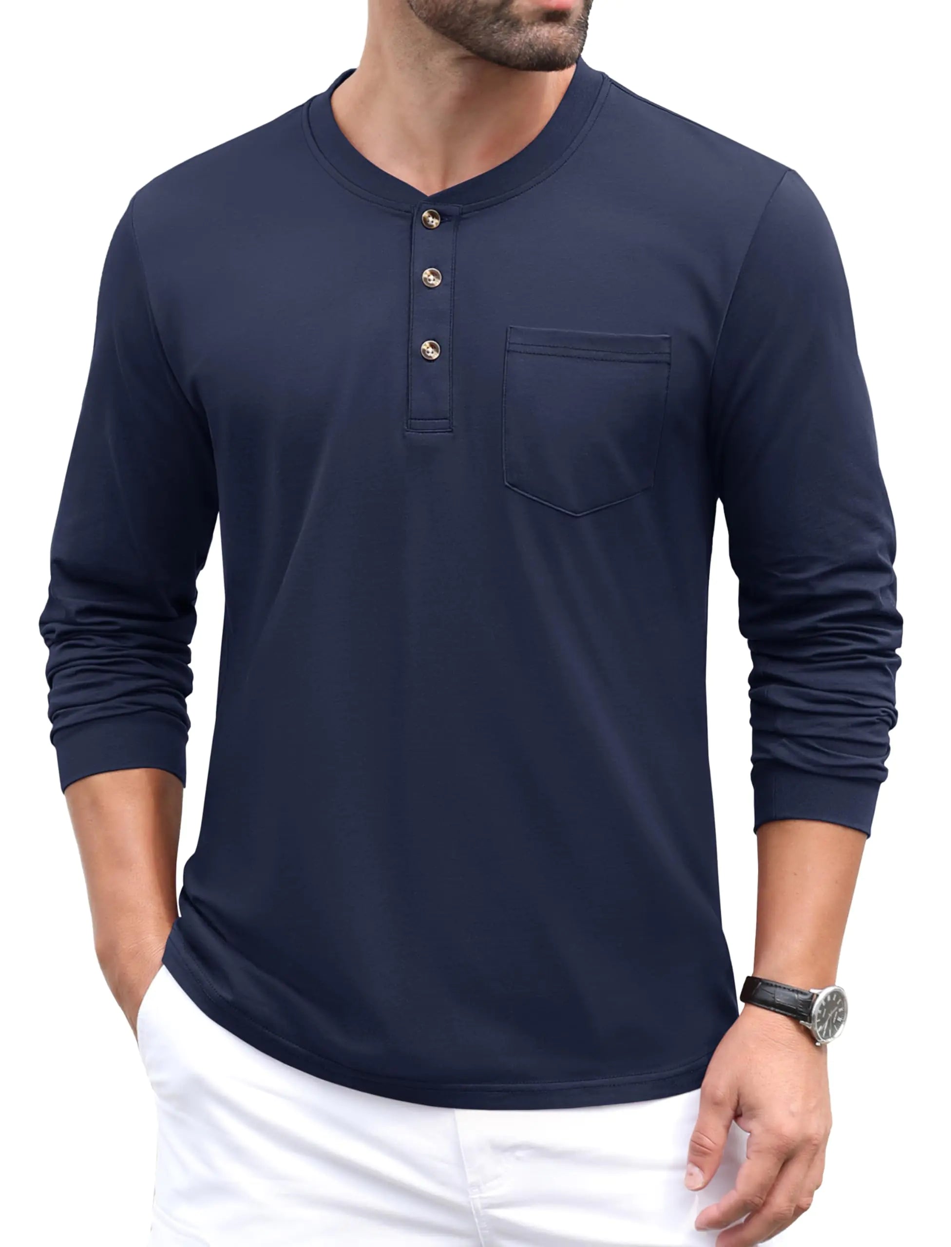 Men’s Long Sleeve Henley Shirt – Cotton Casual Pocket Tee