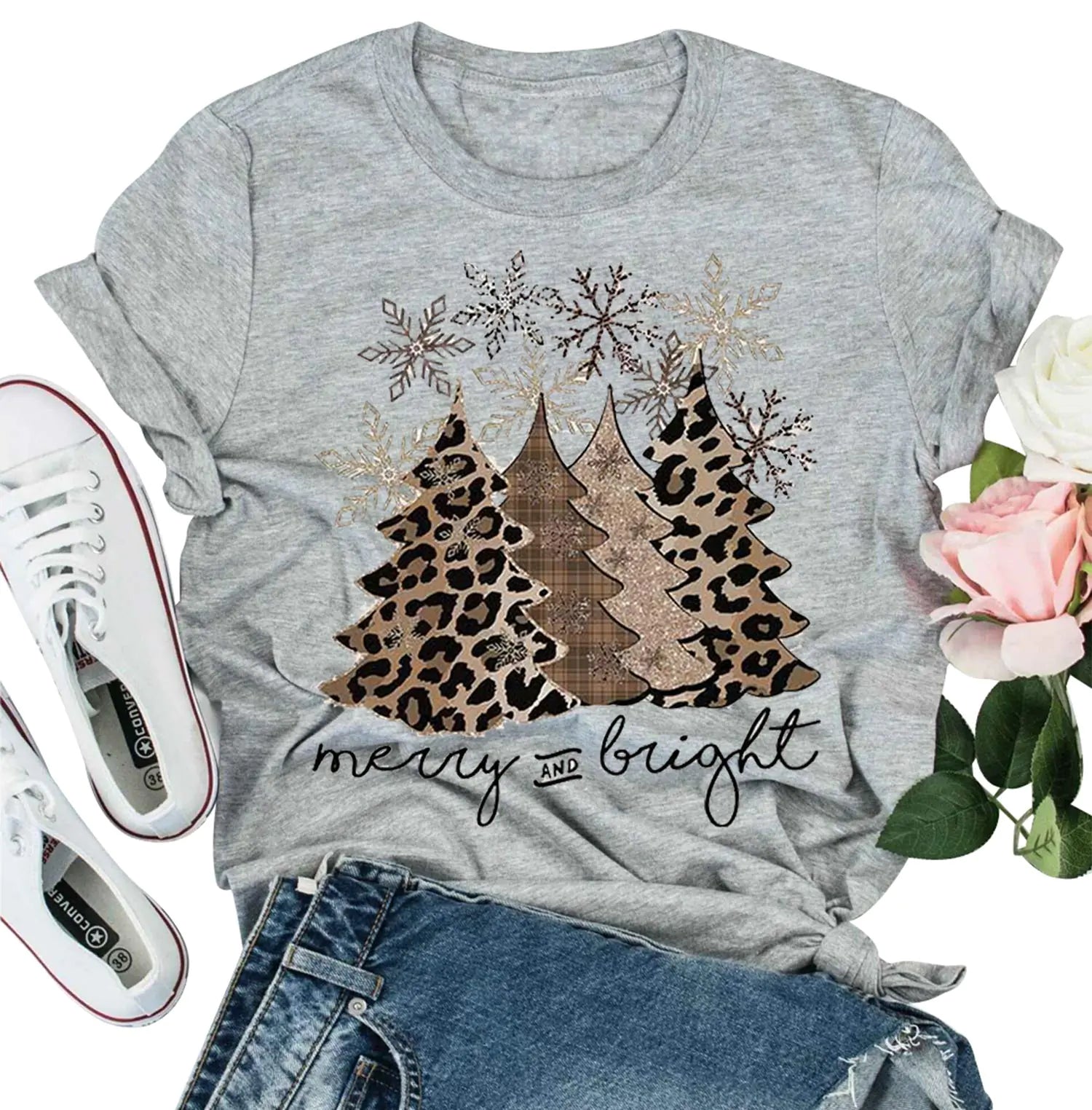 Women’s Merry & Bright Leopard Christmas Tree Graphic Tee